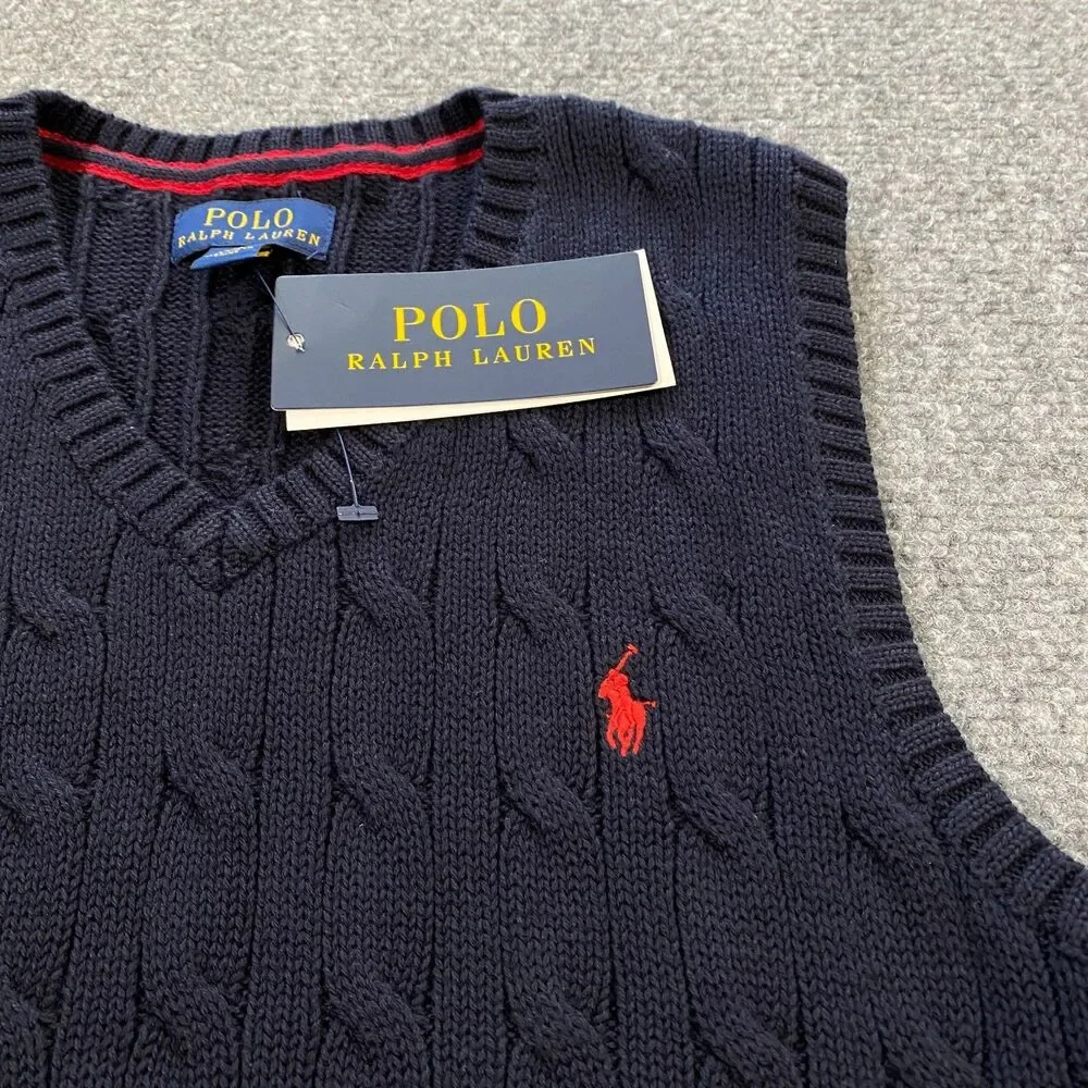 Polo Ralph Lauren Cable Knit V-Neck Sweater Vest Youth Boys 6 Navy Blue Red Pony - Picture 3 of 14